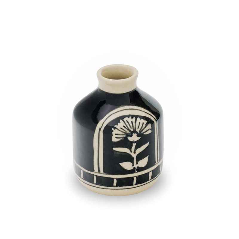 Hand Painted Black Floral Ceramic Vase, Small